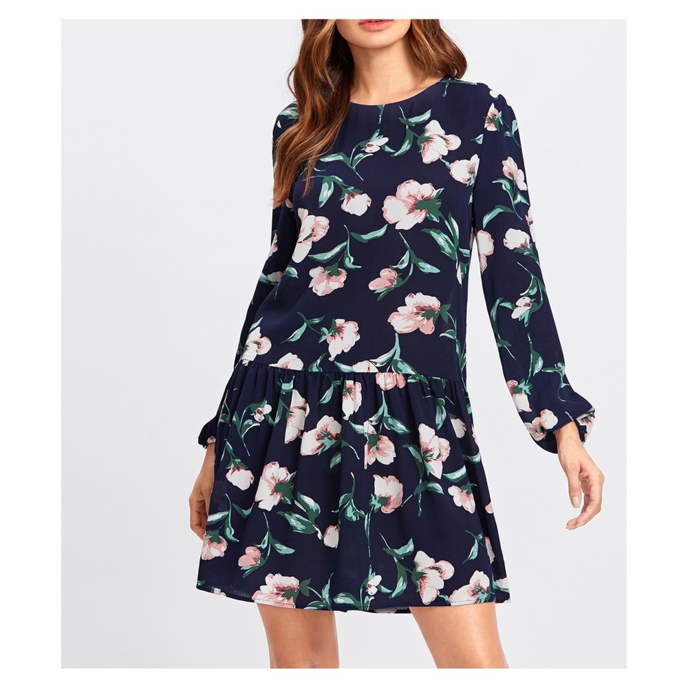 Dark Blue Floral Long Sleeve Shift Dress - Picture 2 of 6